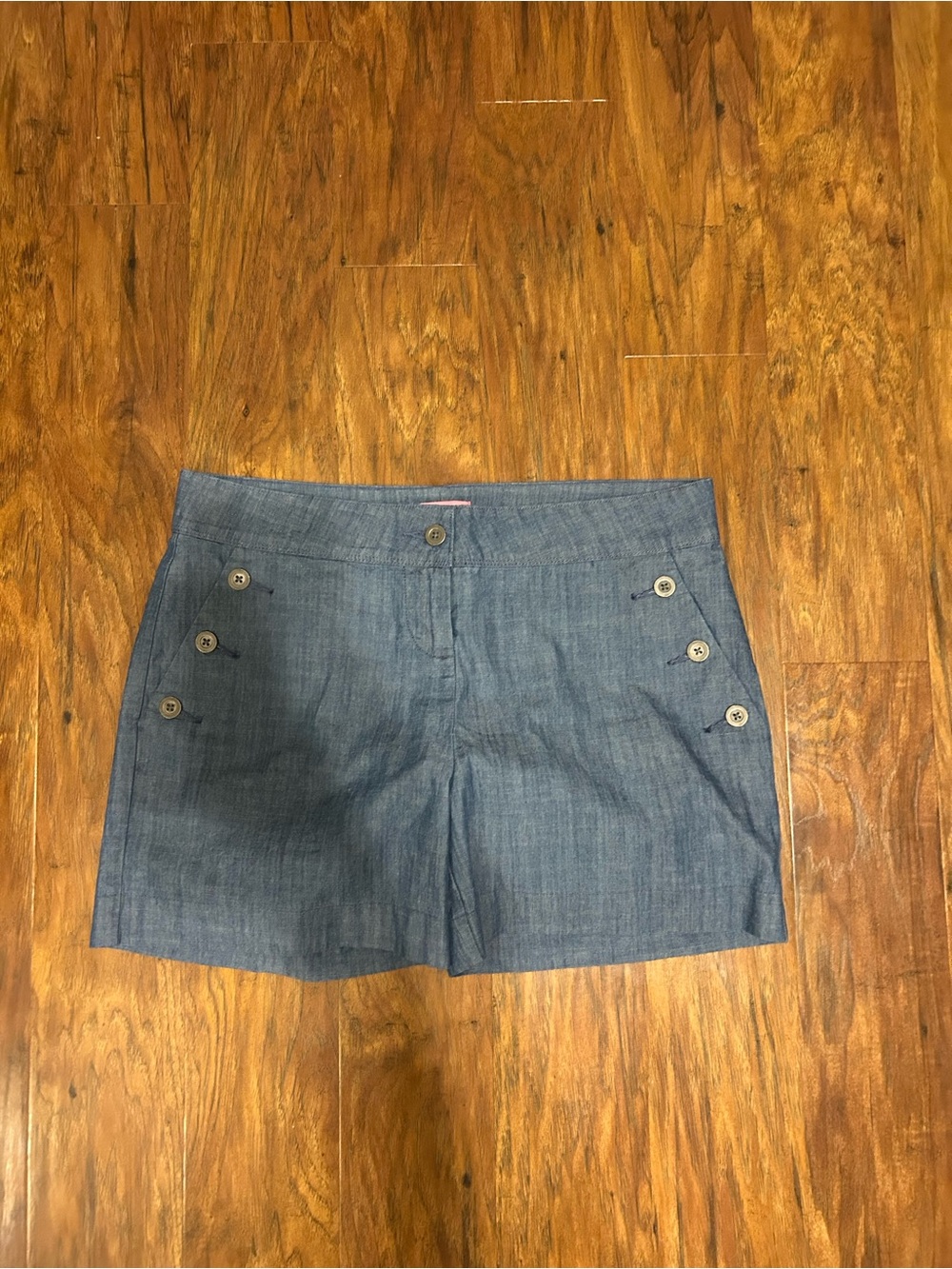Chambray Blue Button-Accent Bermuda Shorts Cotton With Pockets Resortwear Beach